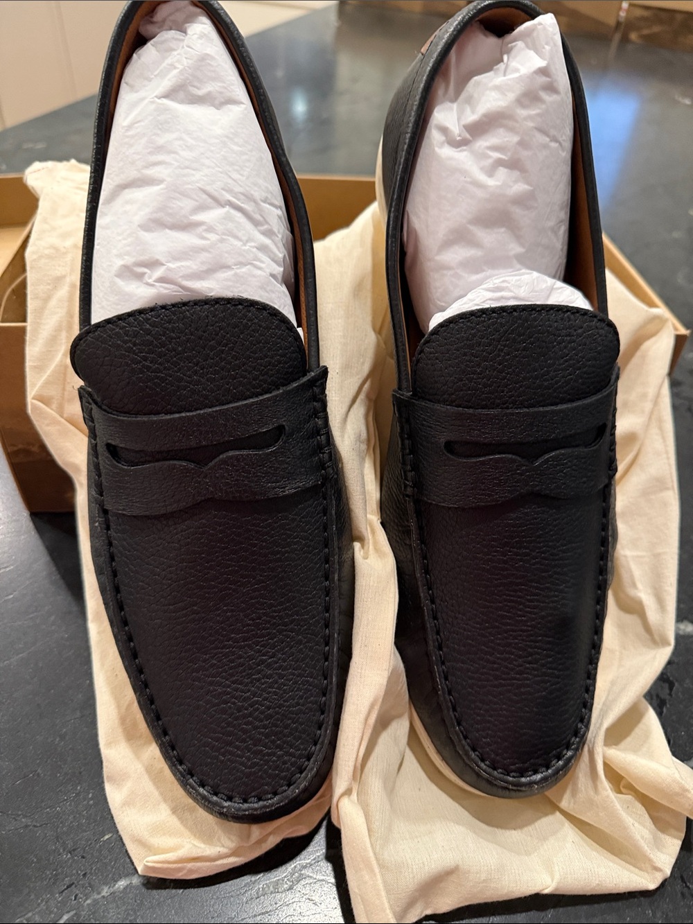 Trask Black Leather Penny Loafers